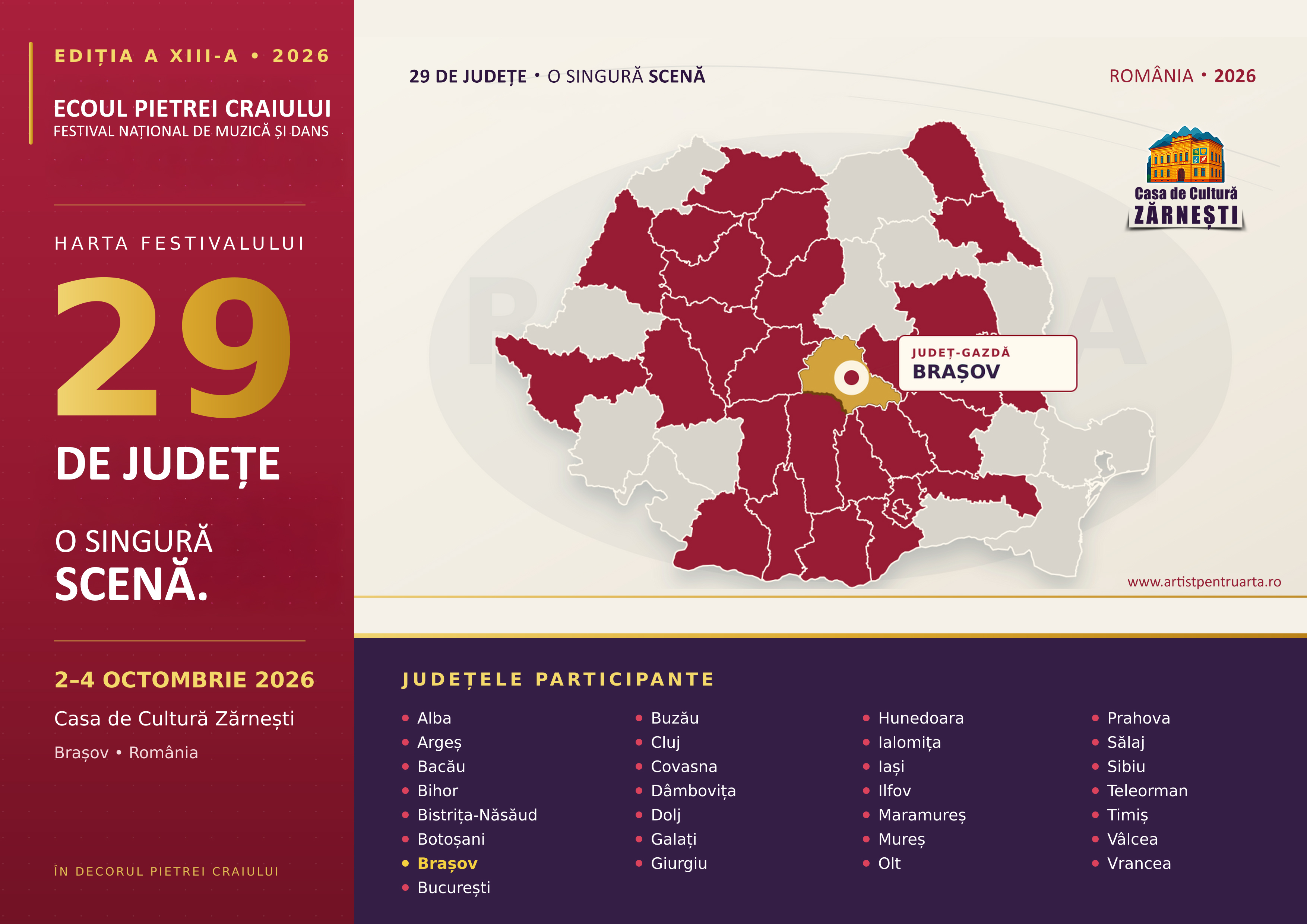Harta Festivalului Ecoul Pietrei Craiului 2026 – 29 de județe participante